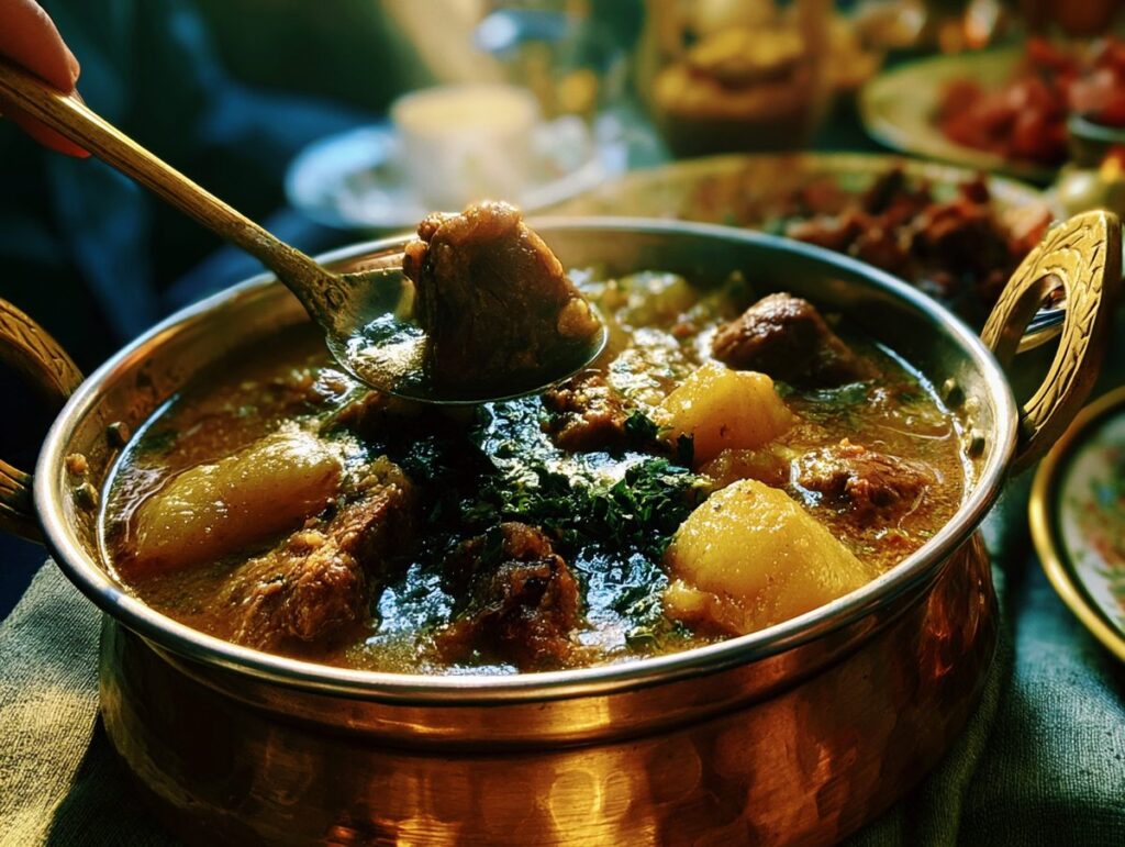 Aloo gosht — bone-in mutton and potatoes in a thin tomato-onion shorba, Punjab, Mughal Corridor