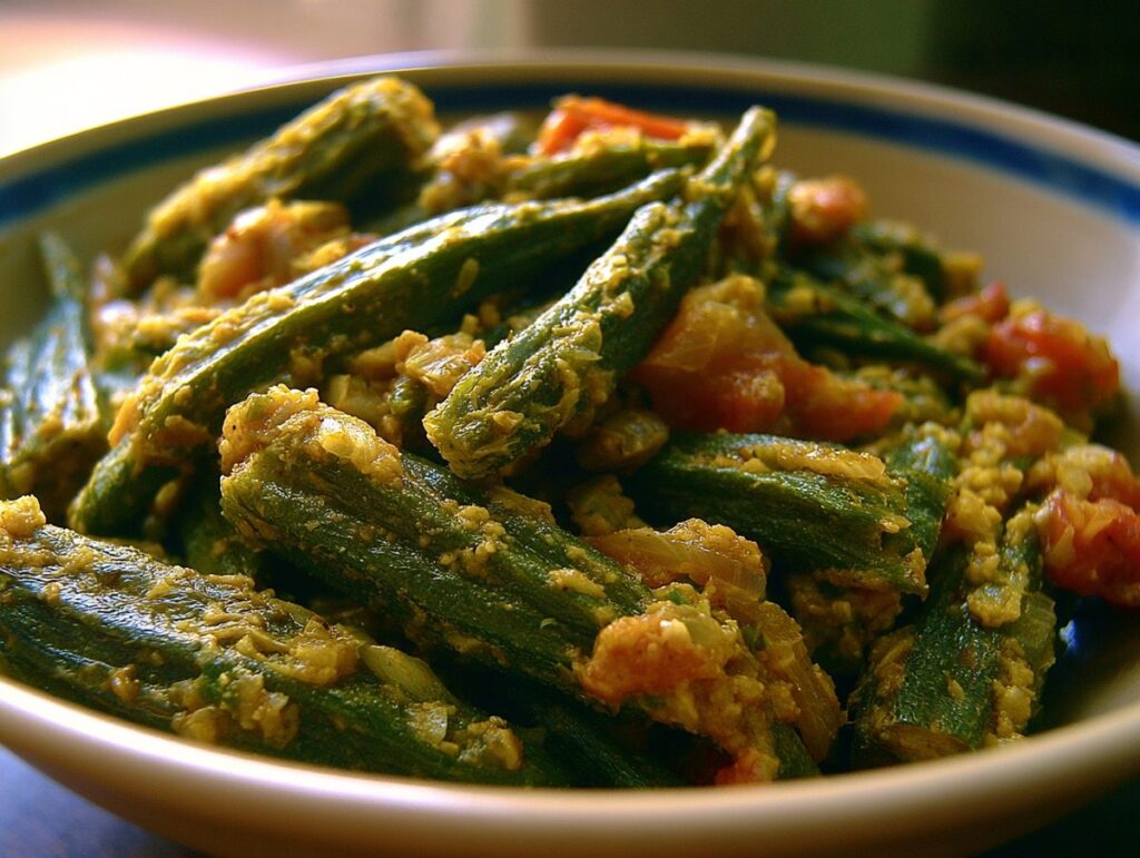 Bhindi masala — okra fried dry with onion and spices, a North Indian everyday sabzi, Mughal Corridor