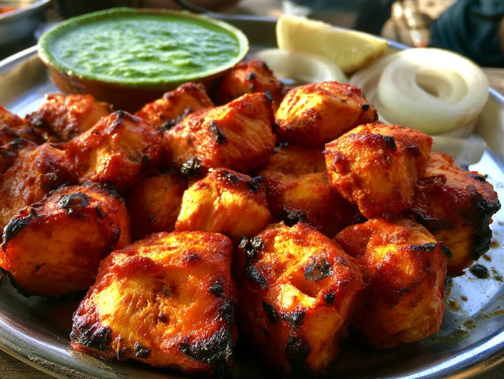Chicken tikka — boneless chicken cubes in spiced yogurt, charred on skewers, Mughal Corridor