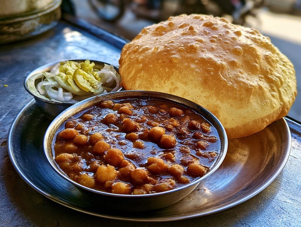 Chole bhature — spiced dark chickpeas with a balloon of deep-fried bread, Punjab and Delhi, Mughal Corridor