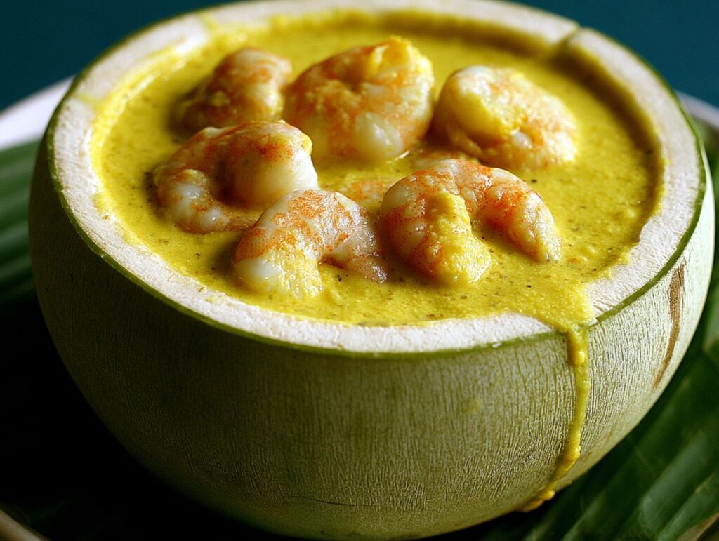 Daab chingri — prawns in mustard-coconut paste steamed inside a green coconut, River Delta