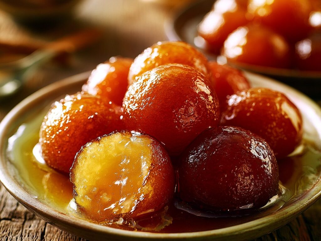 Gulab jamun — khoya dumplings fried dark and soaked in rose-cardamom syrup, Mughal Corridor