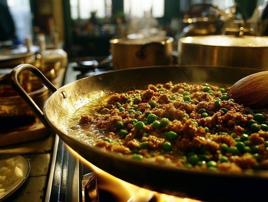 Keema matar — spiced minced meat cooked down with green peas, Mughal Corridor