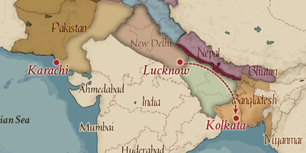 Detail of the Found & Feasted atlas, showing the route east from Lucknow to Kolkata taken by the exiled Awadhi court kitchen in 1856, with Karachi marked to the west.