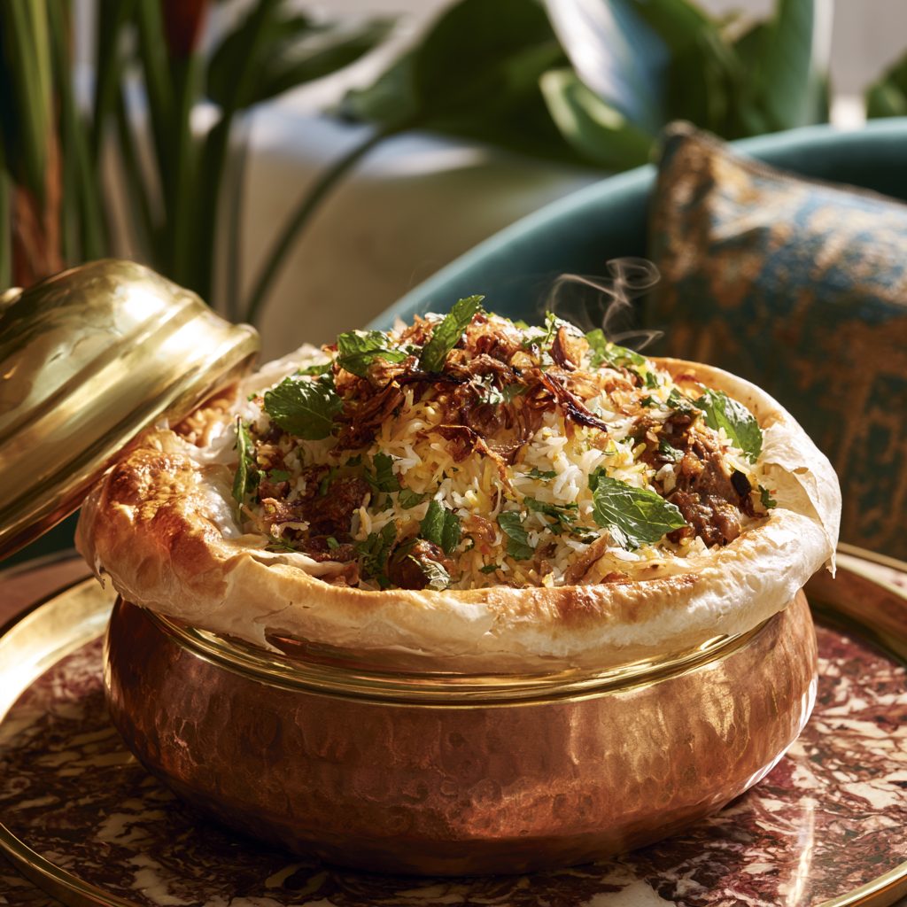 Lucknawi mutton biryani — delicate Awadhi biryani layered and dum-cooked, Lucknow, Mughal Corridor