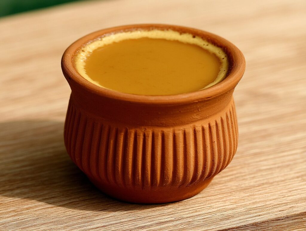 Mishti doi — sweetened yogurt set in earthenware, Bengal, River Delta