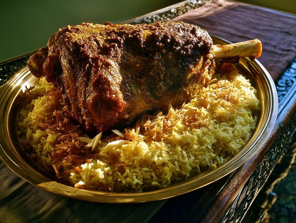 Mughlai raan — a whole marinated leg of goat slow-cooked as a feast centrepiece, Mughal Corridor