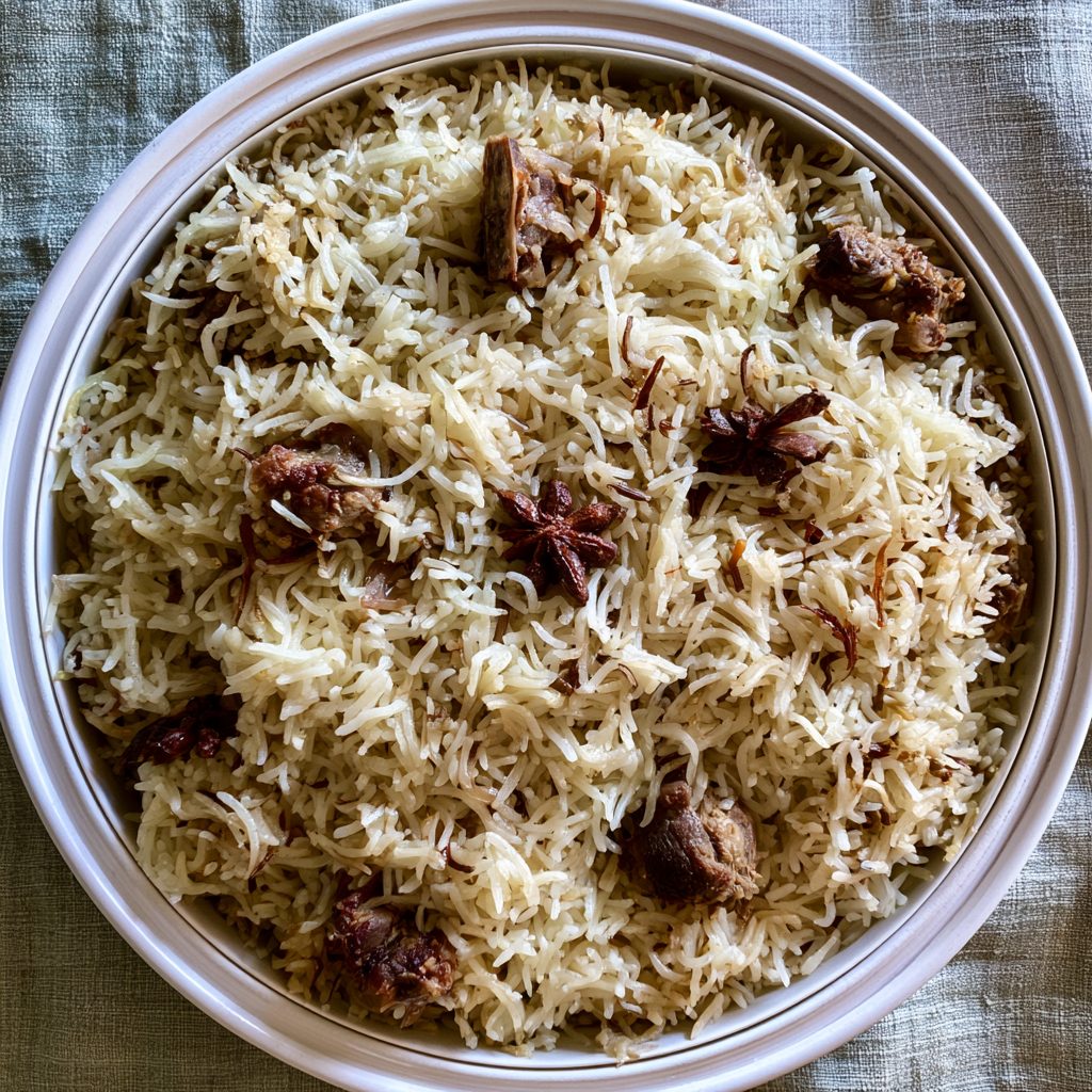 Mutton yakhni pulao — rice cooked in a clear spiced mutton broth, Mughal Corridor