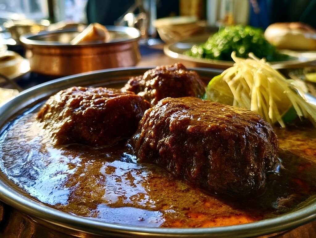 Nihari — shank and marrow bones stewed overnight to a dark spiced gravy, Old Delhi, Mughal Corridor
