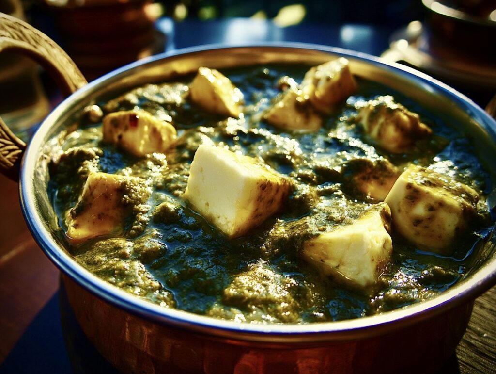 Palak paneer — paneer cubes in a smooth pure-spinach gravy, Mughal Corridor