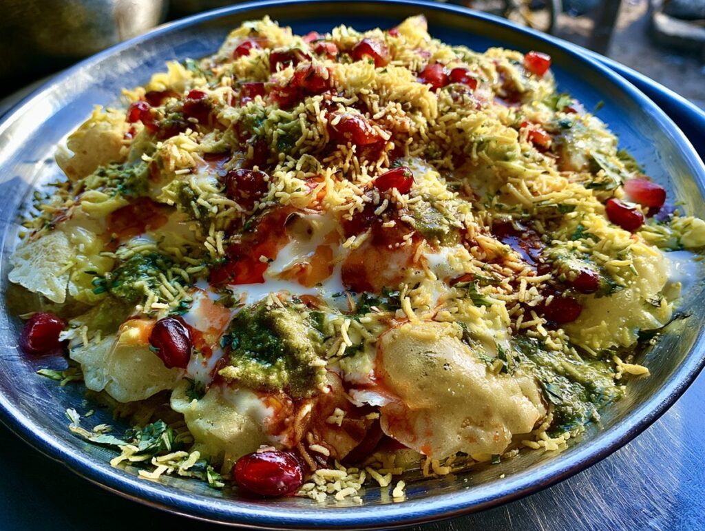 Papdi chaat — crisp wafers piled with potato, chickpea, yogurt and chutneys, Delhi, Mughal Corridor