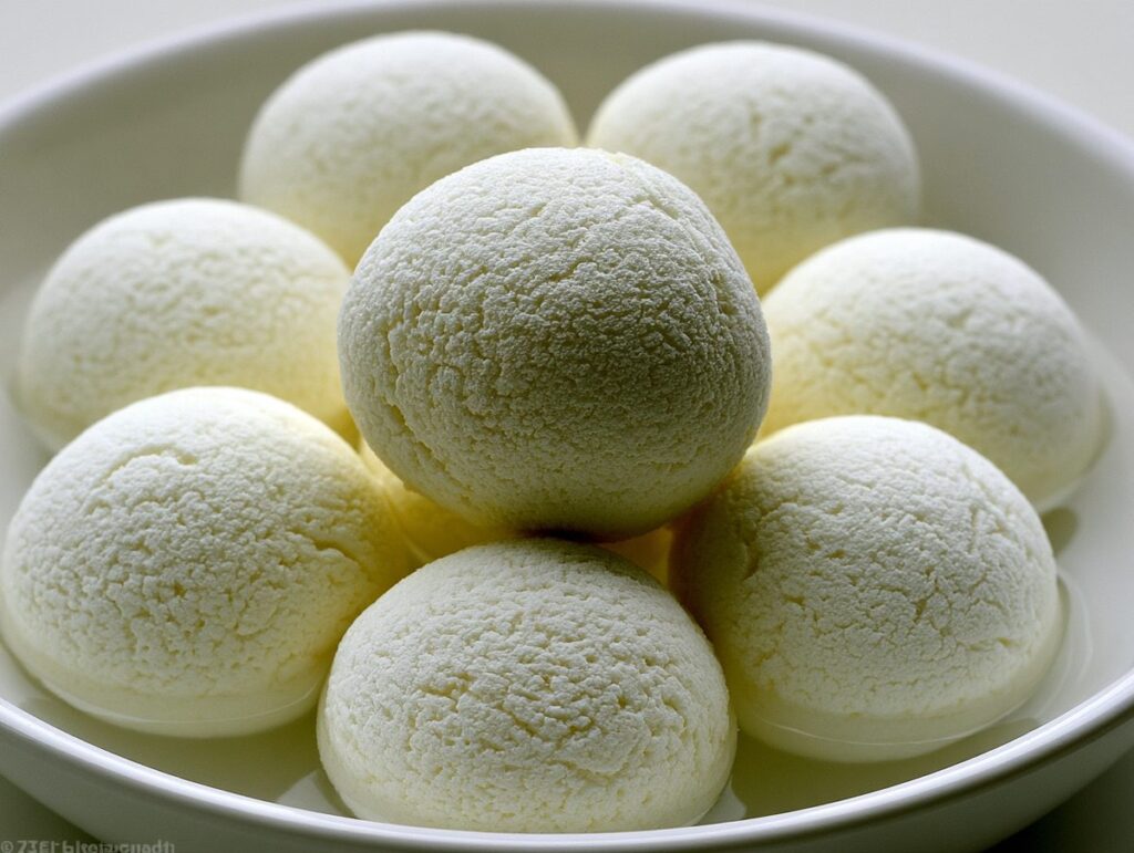 Rasgulla — spongy chhena balls poached in thin sugar syrup, Kolkata sweet, River Delta