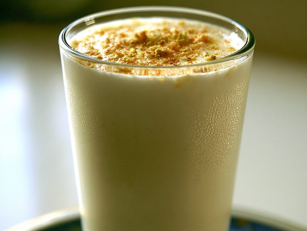 Sweet lassi — thick frothy sweet yogurt topped with malai and butter, Amritsar, Mughal Corridor