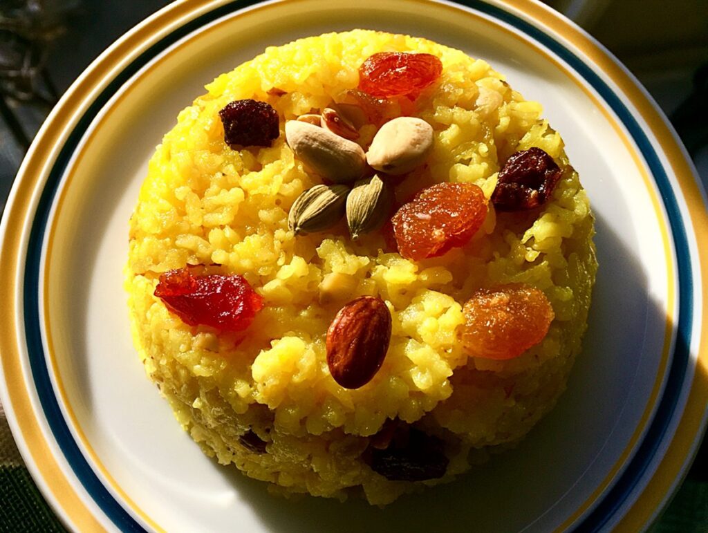 Zarda — saffron-yellow sweet rice studded with nuts and dried fruit, a wedding and Eid dish, Mughal Corridor